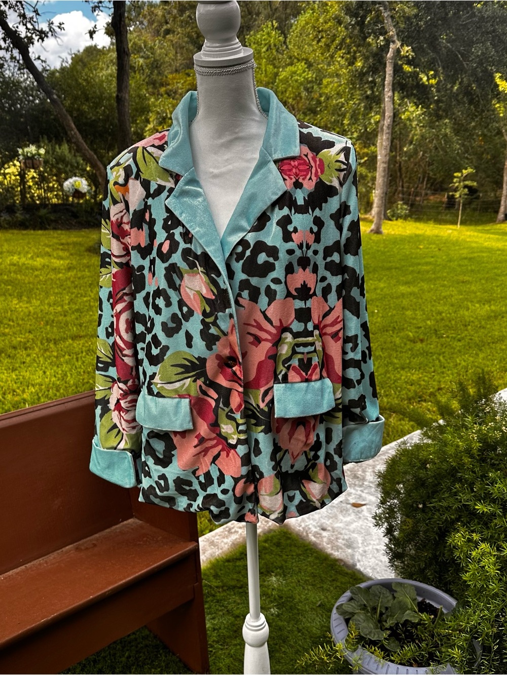 Teal Floral-Print velvet Women's Blazer Jacket